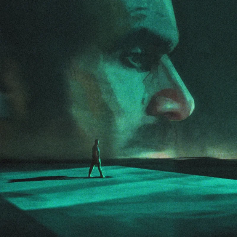 Green mural of human face with person walking in front of the mural cast in shallow green light.